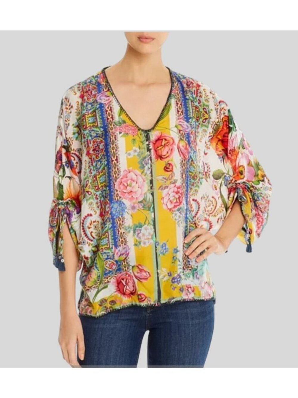 Johnny Was Sorbet Floral Print 100% Silk V-Neck Blouse - Boho Tassel Sleeve